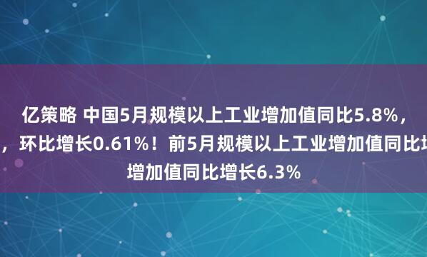 亿策略 中国5月规模以上工业增加值同比5.8%，低于预期，环比增长0.61%！前5月规模以上工业增加值同比增长6.3%